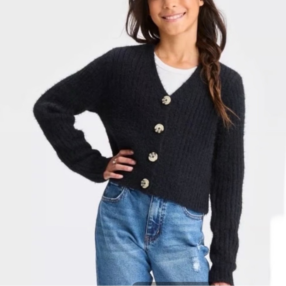 Art Class Black Fuzzy V-Neck Button Front Cardigan Girls XL 14/16